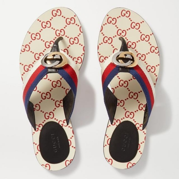 GUCCI Kika Logo-embellished Striped Nylon, Canvas and Leather Sandals,red/white. - Picture 5 of 13